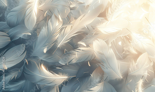 Elegant and soft abstract background with floating feathers in soft whites and grays, Generate AI