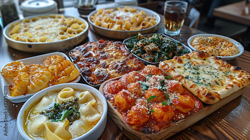 Mesa completa de comidas italianas en plato