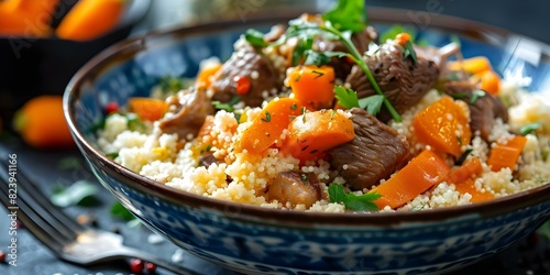 Traditional North African Couscous with Steamed Semolina, Meat, and Vegetables. Concept Moroccan Cuisine, Semolina Dishes, Couscous Recipes, Meat and Vegetable Recipes, North African Cooking