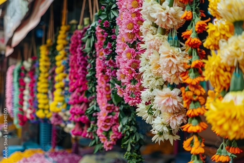 colorful flower garlands and bouquets at vibrant kolkata market traditional indian floral decorations