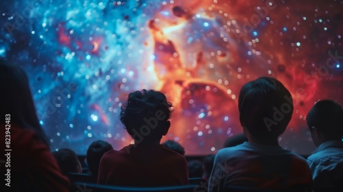 The planetarium dome lighting up with colorful visuals and vibrant constellations as a group of students watches a lively educational presentation on space.