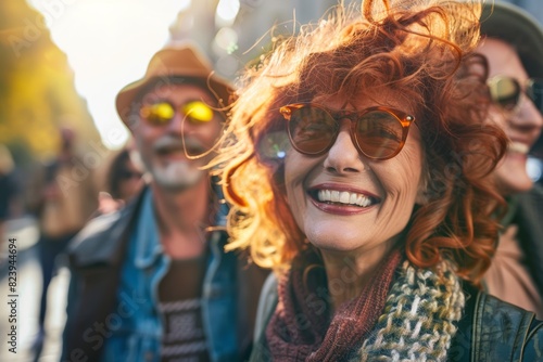 Portrait of a beautiful middle-aged woman with red curly hair and sunglasses.