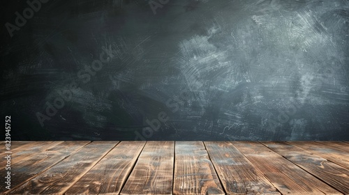 Empty blackboard on a rustic wooden table.