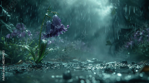  In the heart of a dense forest, a lone purple bloom rests amidst a sea of its kind, bathed in water