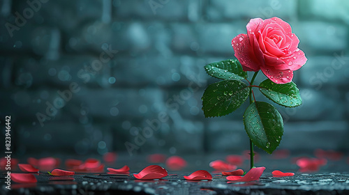  A lone pink rose perched atop a black backdrop, boasting vibrant green foliage and red petals strewn across the floor Behind it stood a towering brick