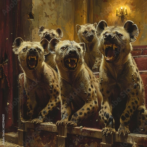 A group of hyenas are sitting in a theater, watching a performance.