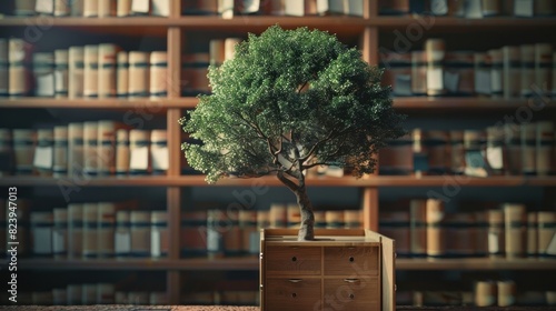A tree displayed on open wooden cabinet boxes in a library or filing archive reference card catalog.