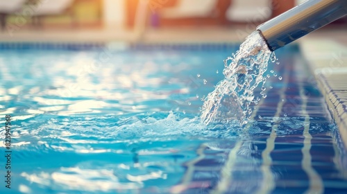 A close-up of a water pipe filling a swimming pool, highlighting pool maintenance.