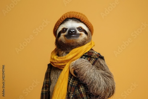 A photo of a sloth dressed in vintage-style clothing, striking a relaxed pose with one arm hanging and the other on its hip, isolated on a solid mustard yellow background.