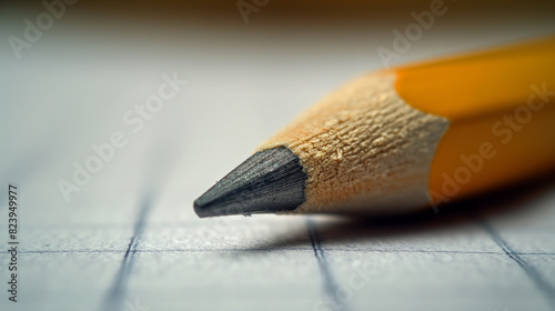 close de um lápis em um caderno, capturando os detalhes intrincados da ferramenta de escrita e da textura do papel.