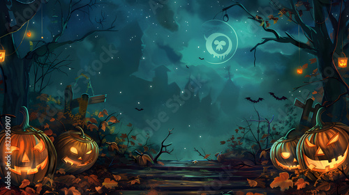 spooky halloween illustration for kids carwed pumpkins and copy space in the middle. 