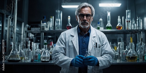  A determined chemist doing experiments in his laboratory with many vials behind him. Defocused bakcground.