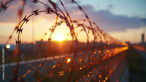 Close-up of barbed wire fence at sunset, creating a dramatic silhouette. Concept of boundaries, restrictions, and security.