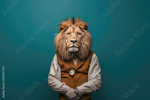 A dynamic photo of a lion in old-fashioned clothing, complete with a vest and pocket watch, striking a cool pose against a solid teal background, merging classic style with the regal presence of a
