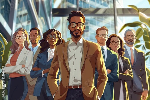 confident diverse business team with leader at corporate office professional group portrait digital illustration