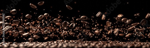 Black background with coffee beans flying in the air, using a dark brown and white color scheme with low saturation tones and a minimalist style
