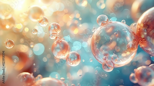  A group of bubbles floating on a blue-yellow-green background with a blurred bubble image