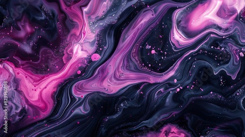 abstract fluid art with marbled pink and purple ink swirls on black background modern acrylic pour painting