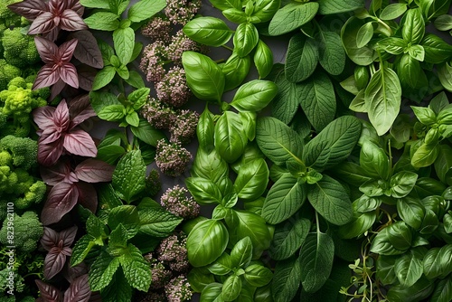 Vibrant Display of Fresh Herbs Arranged in Exquisite Patterns for Culinary Delights