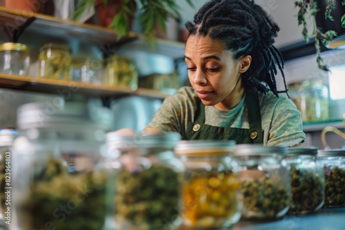 Dispensary worker organizing jars of cannabis. Close-up of cannabis products in glass jars on a counter.