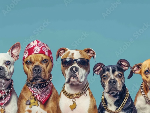 A lineup of dogs in hip-hop attire, such as bandanas and chains, posed against a solid sky blue background, with a composition that allows for additional design elements.
