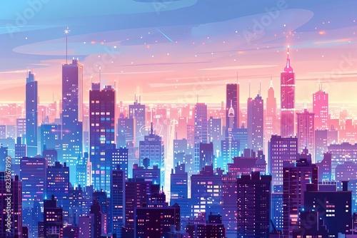 cosmopolitan cityscape at dusk with glittering skyscrapers and bustling streets urban lifestyle illustration