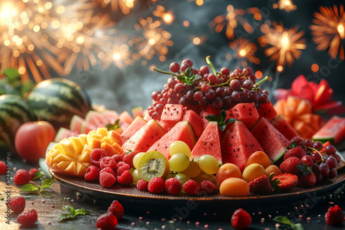 Fruit platter beautifully arranged against fireworks, ideal for celebration or festive events.