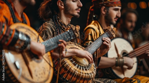 Group of men showcasing traditional music by playing various instruments with rhythm and harmony at a cultural event