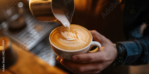Steaming cup of latte with intricate latte art being poured.