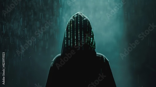 A person standing in the rain wearing a hooded jacket, with binary code projected on a dark background