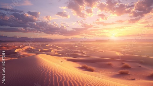 The sun dips below the horizon, casting warm tones over the vast desert landscape of sand dunes