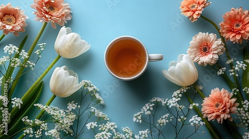  A cup of tea surrounded by flowers and baby's breath on a blue background with baby's breath