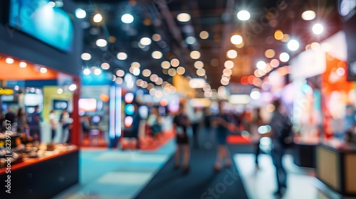dynamic business expo lively trade show floor with various exhibitor booths blurred background