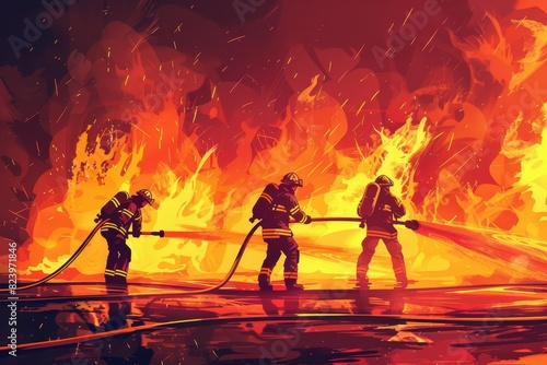 courageous firefighter team battling raging inferno with powerful hoses dramatic action scene illustration