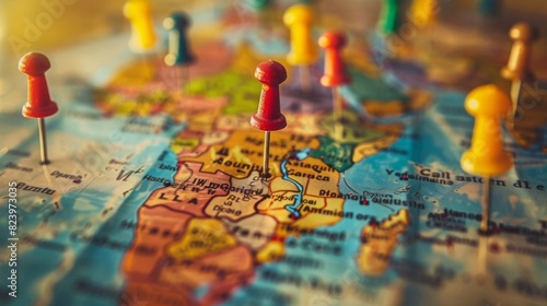 Close-up of colored map pins on a world map, signifying travel destinations, planning, and exploration. Focus on Africa region.