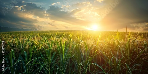 Sunlight shining on sugarcane fields. Concept Nature, Agriculture, Sunlight, Fields, Sugarcane