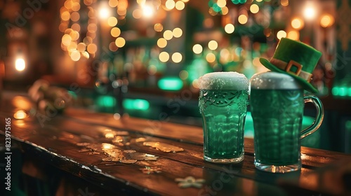 festive green beer mugs on wooden bar counter with leprechaun hat st patricks day celebration in irish pub