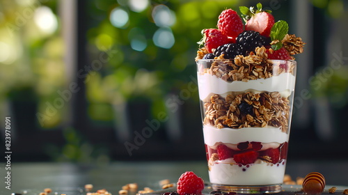 Greek yogurt parfait with layers of Greek yogurt, berries, granola, and a drizzle of honey.