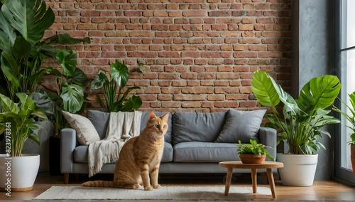 Two lovely happy cats playing in living room interior brick wall with air purify houseplants,Monstera,Philodendron,Ficus Lyrata,snake plant and Zanzibar gem in pot