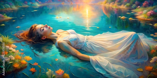 mermaid in the sea Woman portrait panorama woman lying in water in white dress illustration