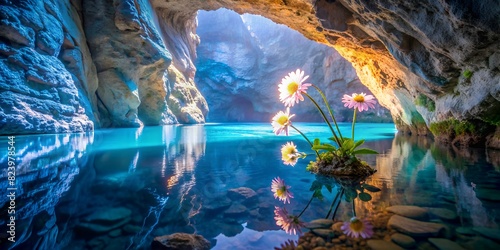 cave in the water In a deep cave there is a lake with crystal water, and beautiful daisies grow on the ground, the sun's rays shine everywhere in the cracks of the cave. background, wallpaper