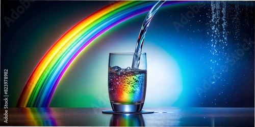 A glass of water is on the table and water is pouring from the bottle, rainbow background, rainbow magic water, background