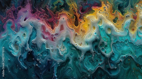  A multicolored painting with water drops at the bottom, featuring a gradient of black, white, blue, yellow, red, green, orange, and pink at its base