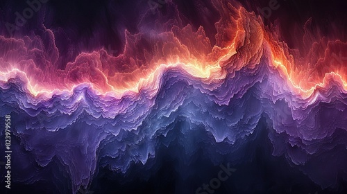  A red, orange, and purple cloud-covered mountain range appears in this computer-generated image
