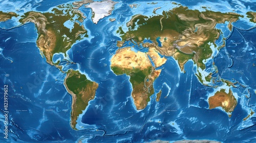 world map showing the various continents and oceans, highlighting different angles of Earth's surface with detailed terrain features such as mountains, deserts, forests, and ocean patterns