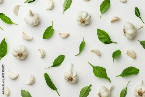 creative garlic with leaves pattern isolated on white background top view flat lay photo