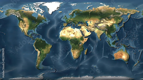 world map showing the various continents and oceans, highlighting different angles of Earth's surface with detailed terrain features such as mountains, deserts, forests, and ocean patterns