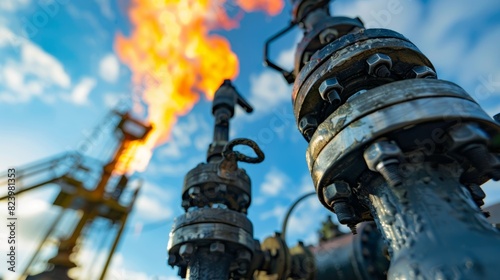 A closeup of a hydraulic fracturing wellhead with a flare stack burning off excess gas.