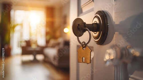 Key inserted into the lock of a vibrant blue front door, symbolizing new beginnings and home ownership