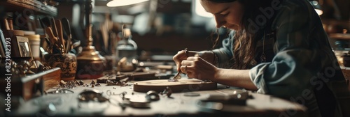 A woman carefully soldering a piece of jewelry in her workshop